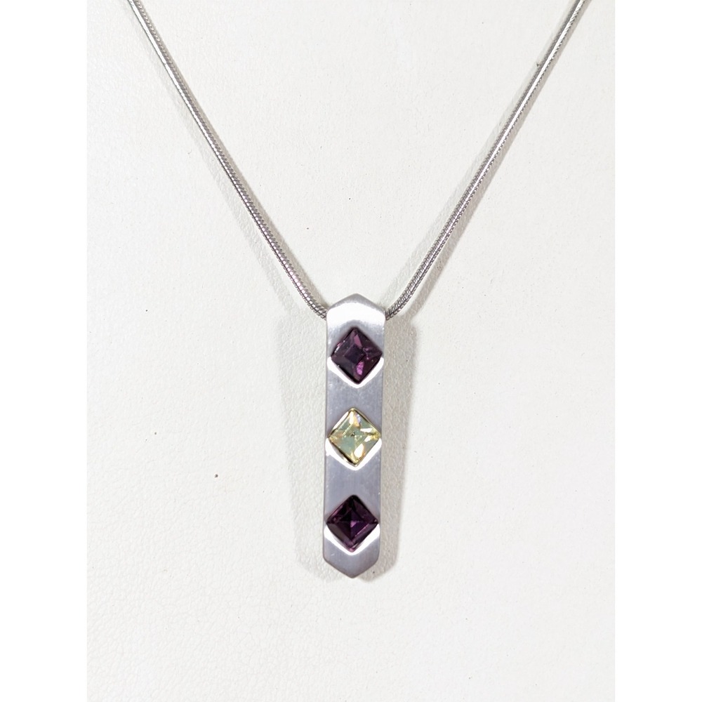 Premier Designs Purple Square Rhinestone Bar Pendant Silver Tone Necklace 18‎ in